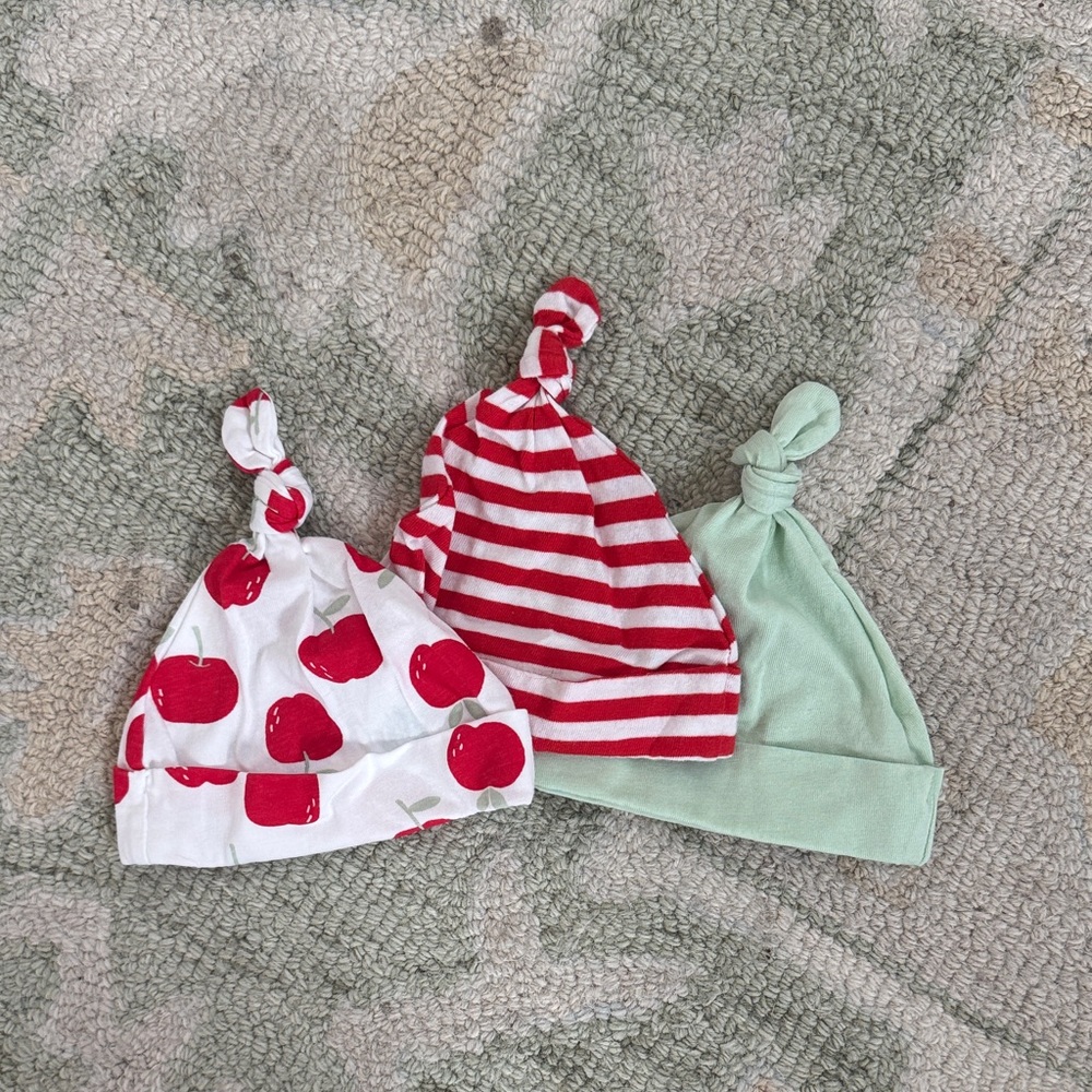 Set of Three Preemie Baby Knot Hats - Red, White, Green